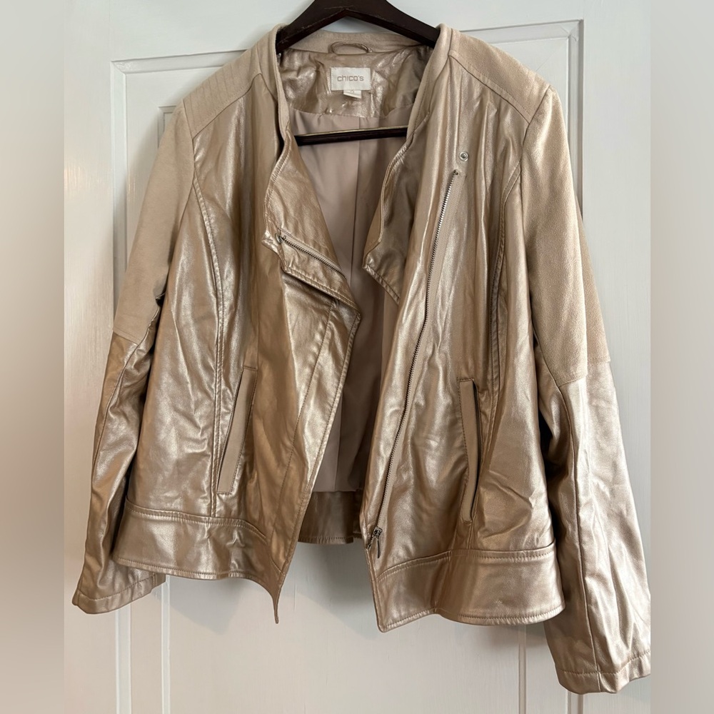 Chico's Faux Leather Moto Jacket in Champagne Gold size 2